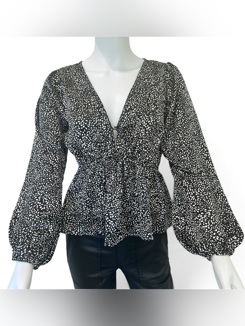 Abercrombie & Fitch Black and White Printed Peplum Tie-Front Blouse